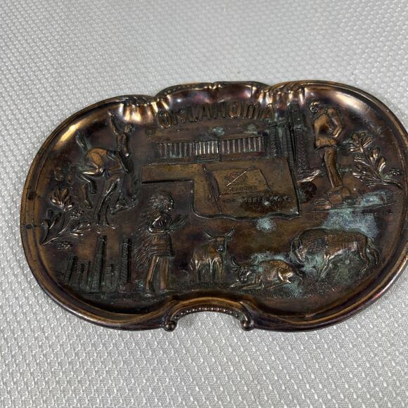 Vintage OKLAHOMA Copper Finished Trinket Tray Embossed Designs Made In Japan - Picture 3 of 9